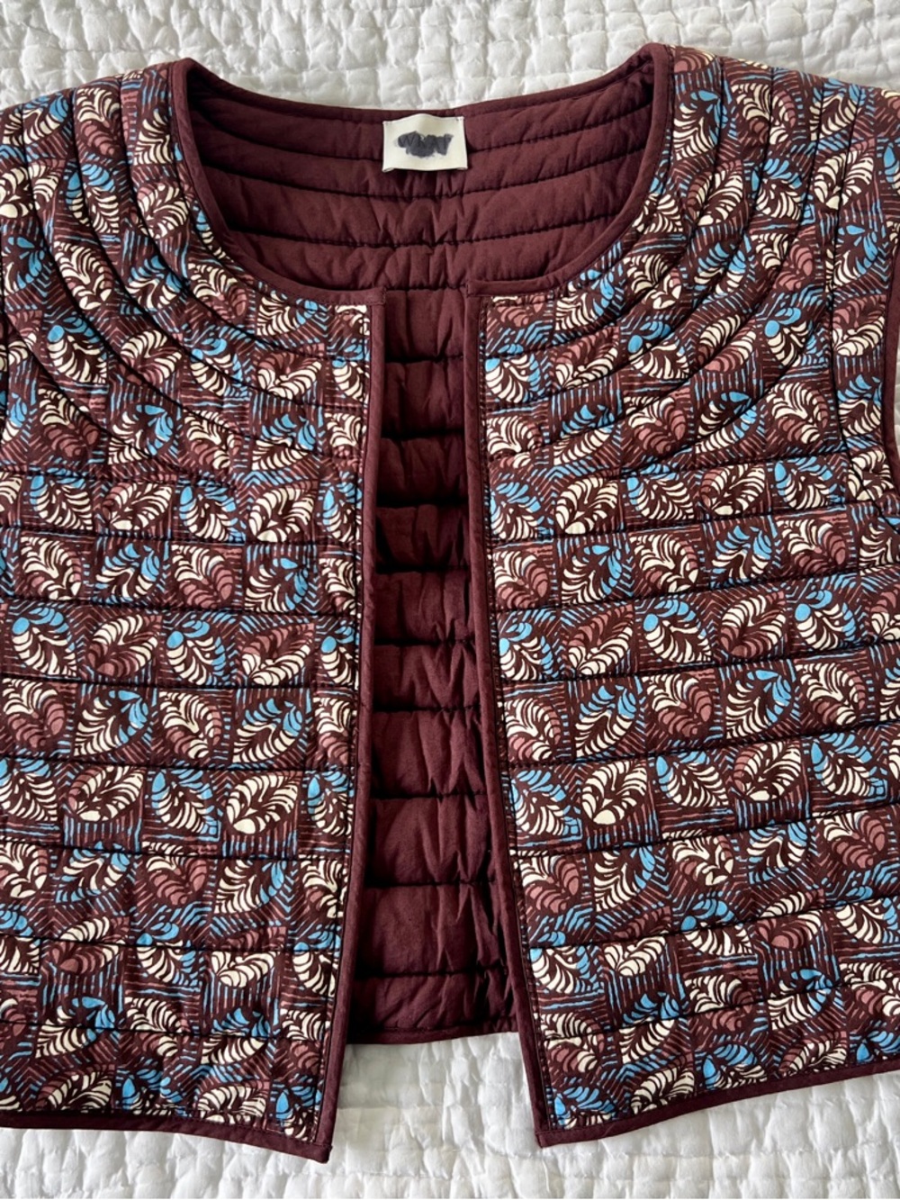 Wrap London Quilted Sleeveless Vest with Brown with Blue and Cream Print
